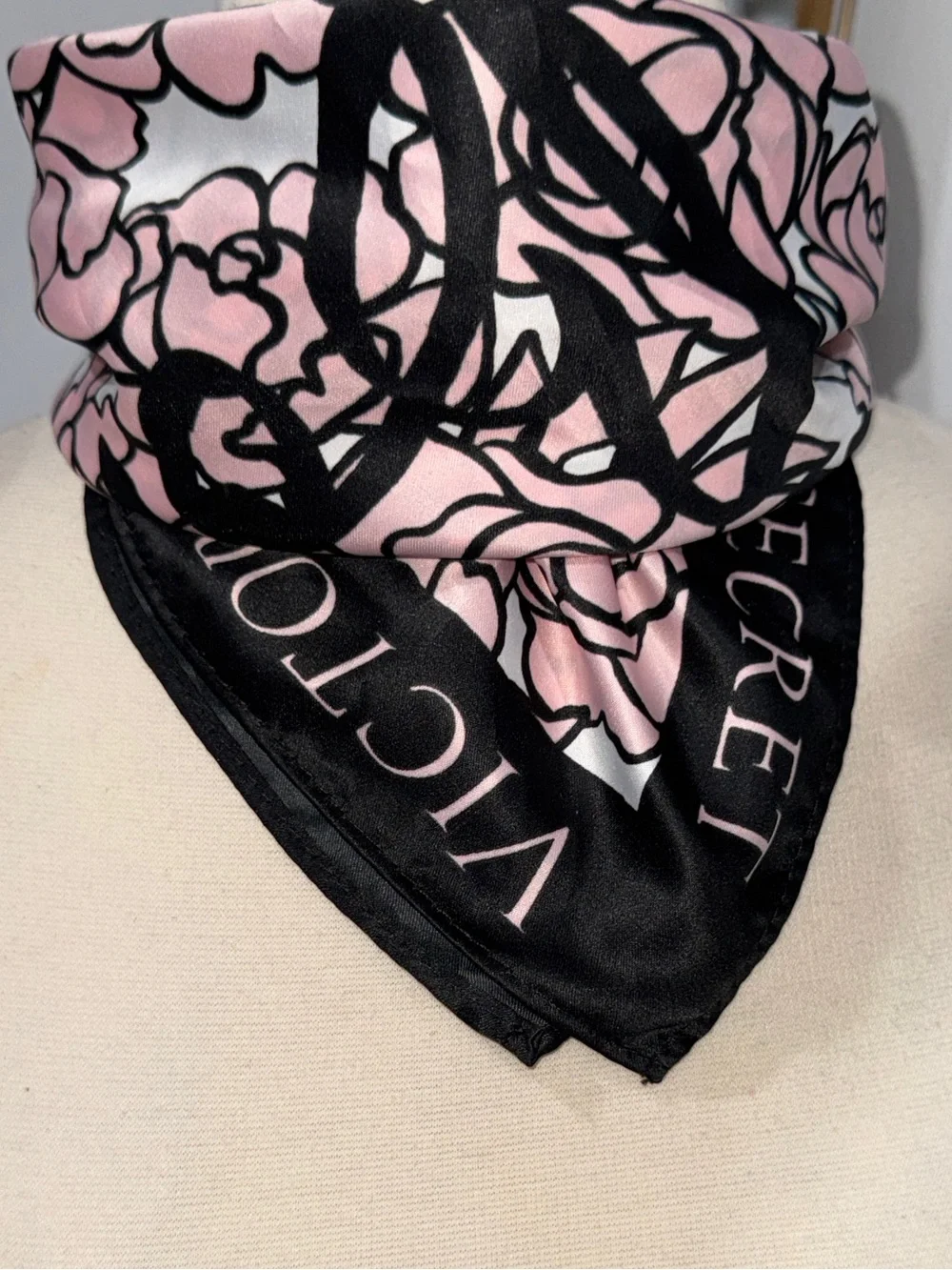 Victoria's Secret Pink and Black Floral Logo Bombshell Silk Scarf
